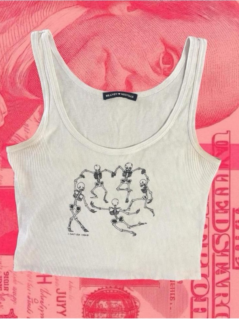 brandy melville white cotton ribbed tank top cami with black dancing skeleton